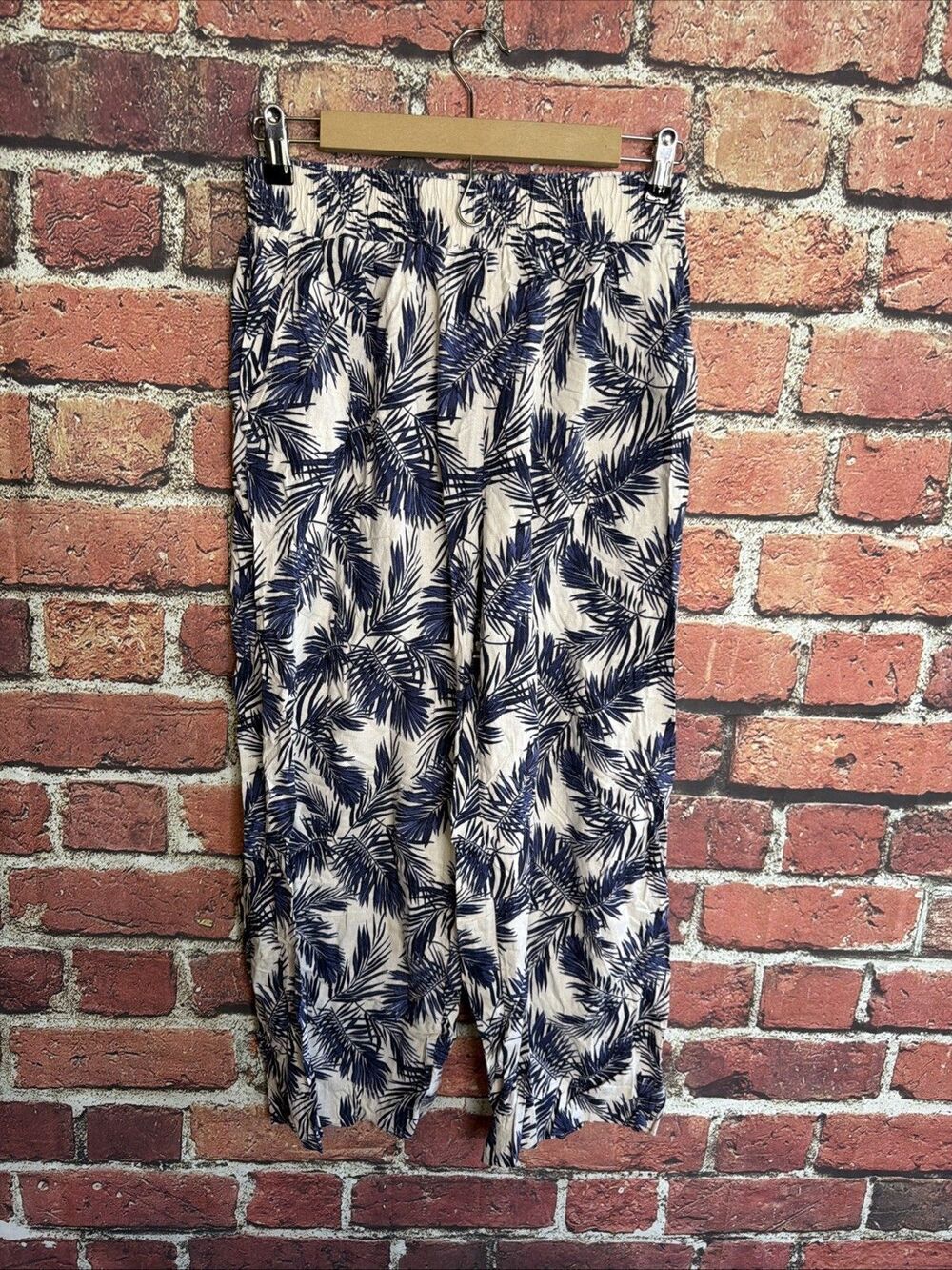Panama Jack Pants Womens Large White Blue Cropped Linen Blend Coastal